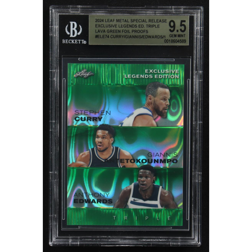 Giannis Antekounmpo / Anthony Edwards / Stephen Curry 2024 Leaf Metal Special Release Exclusive Legends Ed. Triple Lava Green Foil Proofs #ELE74 (BGS 9.5) at PristineAuction.com