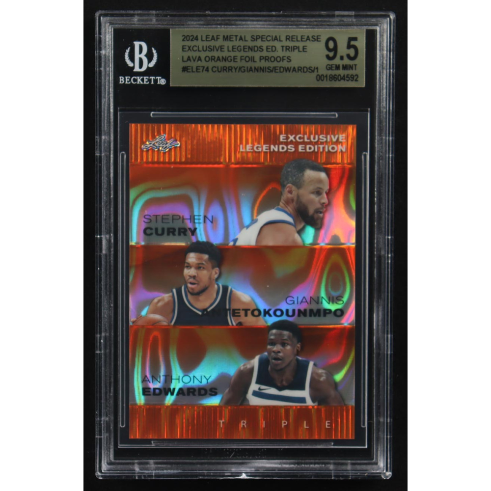 Giannis Antekounmpo / Anthony Edwards / Stephen Curry 2024 Leaf Metal Special Release Exclusive Legends Ed. Triple Lava Orange Foil Proofs #ELE74 (BGS 9.5) at PristineAuction.com