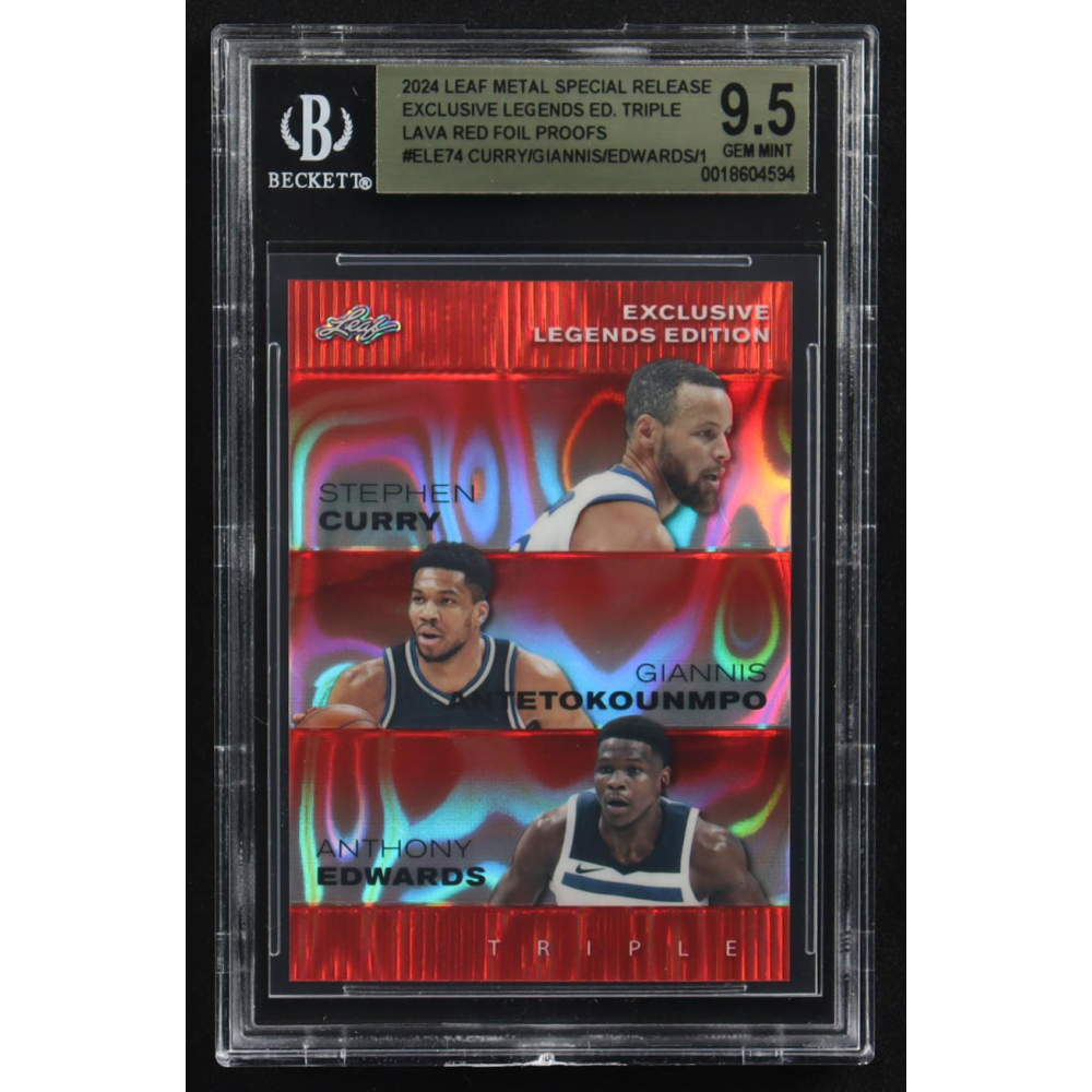 Giannis Antekounmpo / Anthony Edwards / Stephen Curry 2024 Leaf Metal Special Release Exclusive Legends Ed. Triple Lava Red Foil Proofs #ELE74 (BGS 9.5) at PristineAuction.com