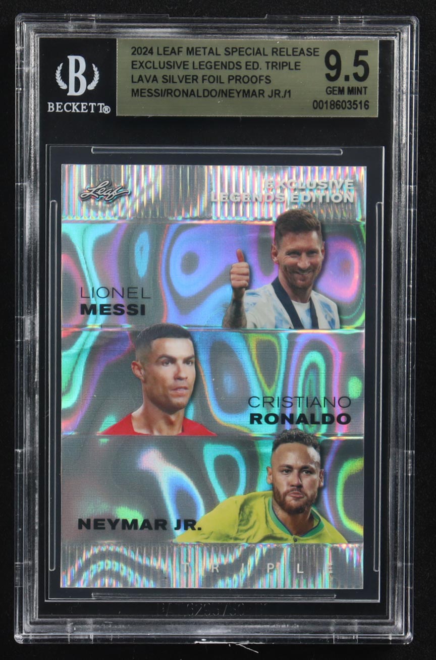 Lionel Messi / Cristiano Ronaldo / Neymar Jr 2024 Leaf Metal Special Release Exclusive Legends Ed. Triple Lava Silver Foil Proofs (BGS 9.5) at PristineAuction.com Lionel Messi / Cristiano Ronaldo / Neymar Jr 2024 Leaf Metal Special Release Exclusive Legends Ed. Triple Lava Silver Foil Proofs (BGS 9.5) at PristineAuction.com