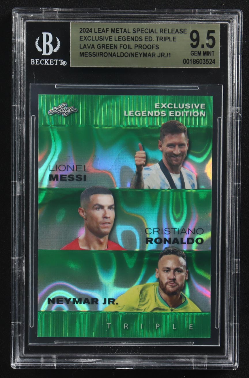Lionel Messi / Cristiano Ronaldo / Neymar Jr 2024 Leaf Metal Special Release Exclusive Legends Ed. Triple Lava Green Foil Proofs (BGS 9.5) at PristineAuction.com Lionel Messi / Cristiano Ronaldo / Neymar Jr 2024 Leaf Metal Special Release Exclusive Legends Ed. Triple Lava Green Foil Proofs (BGS 9.5) at PristineAuction.com