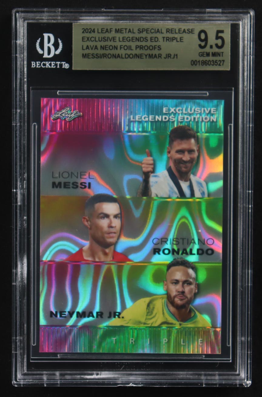 Lionel Messi / Cristiano Ronaldo / Neymar Jr 2024 Leaf Metal Special Release Exclusive Legends Ed. Triple Lava Neon Foil Proofs (BGS 9.5) at PristineAuction.com Lionel Messi / Cristiano Ronaldo / Neymar Jr 2024 Leaf Metal Special Release Exclusive Legends Ed. Triple Lava Neon Foil Proofs (BGS 9.5) at PristineAuction.com