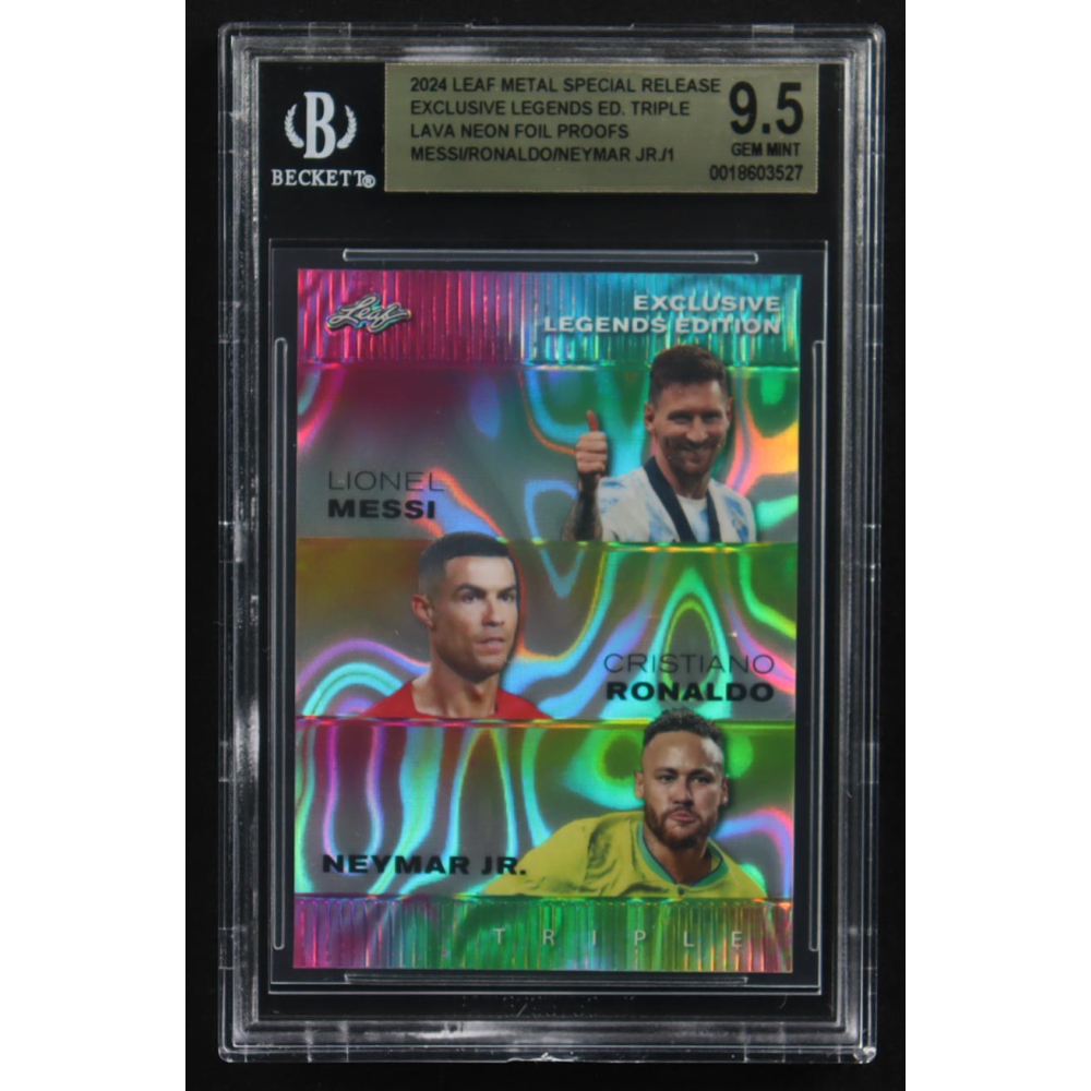 Lionel Messi / Cristiano Ronaldo / Neymar Jr 2024 Leaf Metal Special Release Exclusive Legends Ed. Triple Lava Neon Foil Proofs (BGS 9.5) at PristineAuction.com
