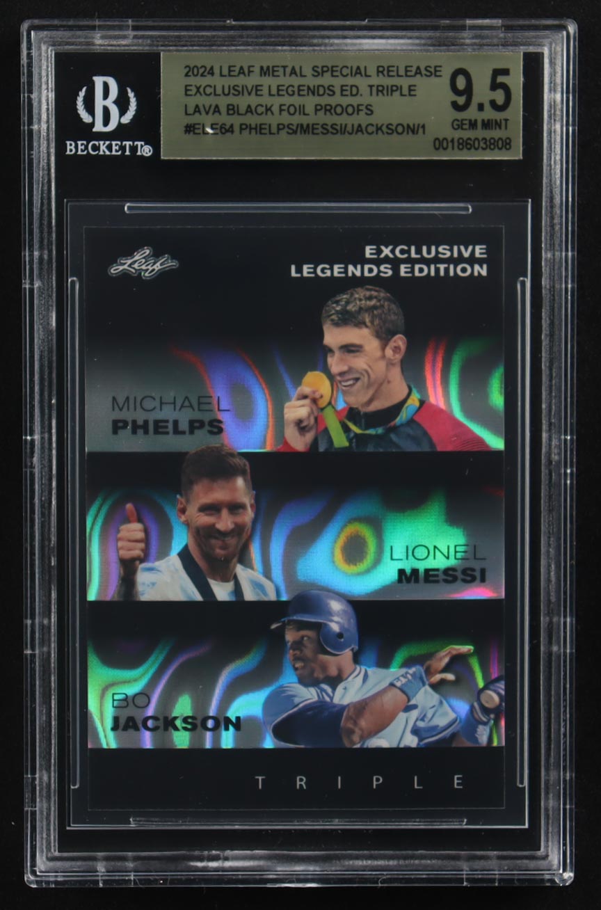 Lionel Messi / Michael Phelps / Bo Jackson 2024 Leaf Metal Special Release Exclusive Legends Ed. Triple Lava Black Foil Proofs #ELE64 (BGS 9.5) at PristineAuction.com Lionel Messi / Michael Phelps / Bo Jackson 2024 Leaf Metal Special Release Exclusive Legends Ed. Triple Lava Black Foil Proofs #ELE64 (BGS 9.5) at PristineAuction.com