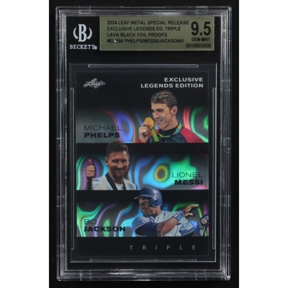 Lionel Messi / Michael Phelps / Bo Jackson 2024 Leaf Metal Special Release Exclusive Legends Ed. Triple Lava Black Foil Proofs #ELE64 (BGS 9.5) at PristineAuction.com