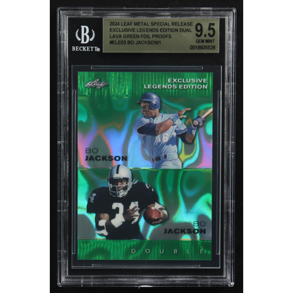 Bo Jackson / Bo Jackson /  2024 Leaf Metal Special Release Exclusive Legends Ed. Dual Lava Green Foil Proofs #ELE03 (BGS 9.5) at PristineAuction.com