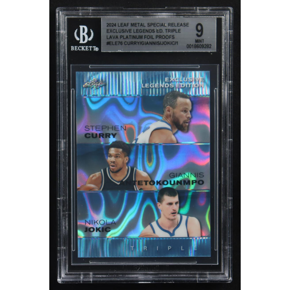 Nikola Jokic / Giannis Antetokounmpo / Stephen Curry 2024 Leaf Metal Special Release Exclusive Legends Ed. Triple Lava Platinum Foil Proofs #ELE76 (BGS 9) at PristineAuction.com