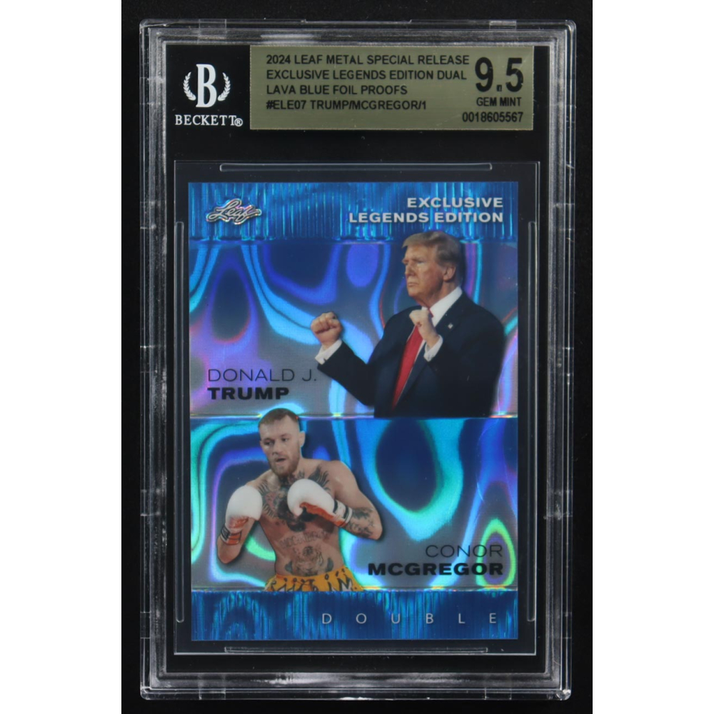 Conor Mcgregor / Donald J. Trump 2024 Leaf Metal Special Release Exclusive Legends Ed. Dual Lava Blue Foil Proofs #ELE07 (BGS 9.5) at PristineAuction.com