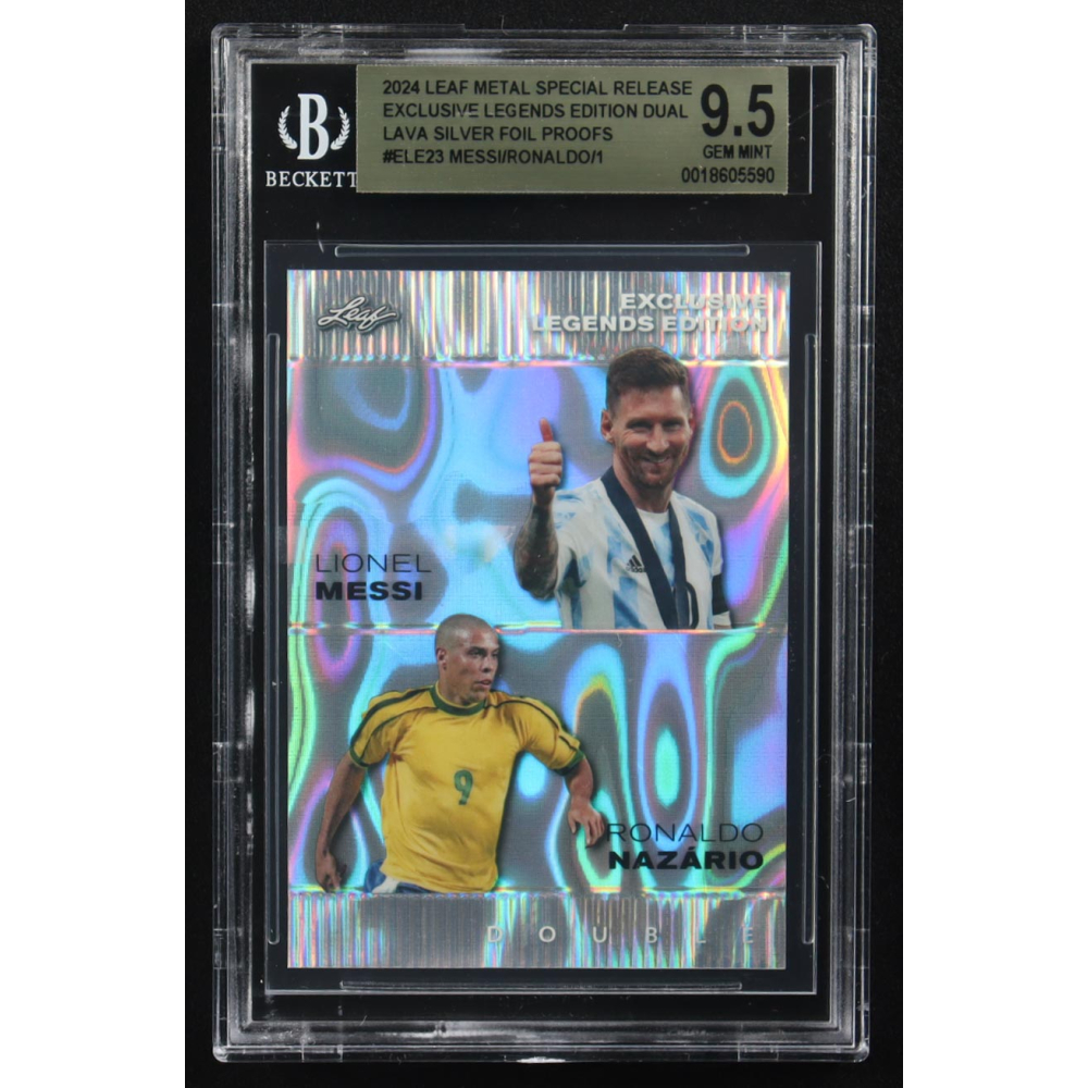 Lionel Messi / Ronaldo Nazario 2024 Leaf Metal Special Release Exclusive Legends Ed. Dual Lava Silver Foil Proofs #ELE23 (BGS 9.5) at PristineAuction.com