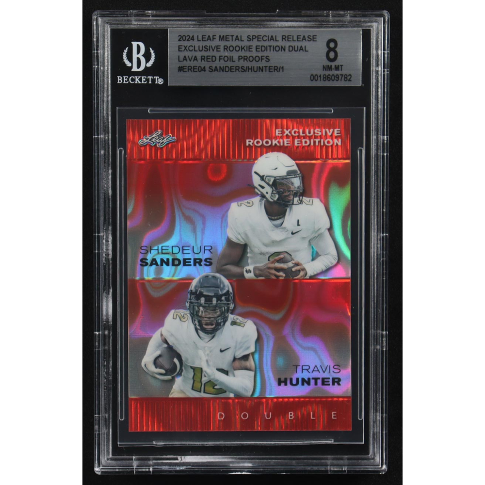 Shedeur Sanders / Travis Hunter 2024 Leaf Metal Special Release Exclusive Rookie Ed. Dual Lava Red Foil Proofs #ERE04 RC #1/1 (BGS 8) at PristineAuction.com