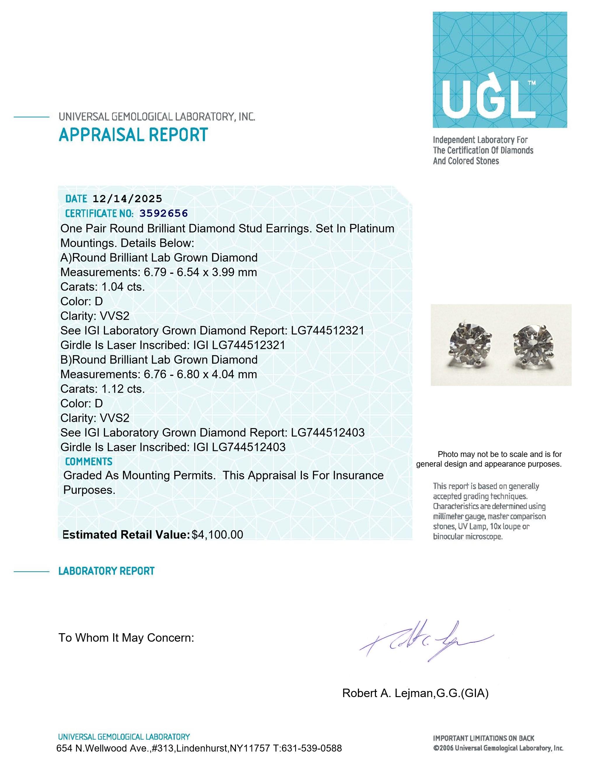 New 2.16 Carats Lab Grown Diamond Stud Earrings D, VVS2 | Round Brilliant Cut | Estimated Retail Value: $4,100 (UGL & IGI Certs) at PristineAuction.com New 2.16 Carats Lab Grown Diamond Stud Earrings D, VVS2 | Round Brilliant Cut | Estimated Retail Value: $4,100 (UGL & IGI Certs) at PristineAuction.com