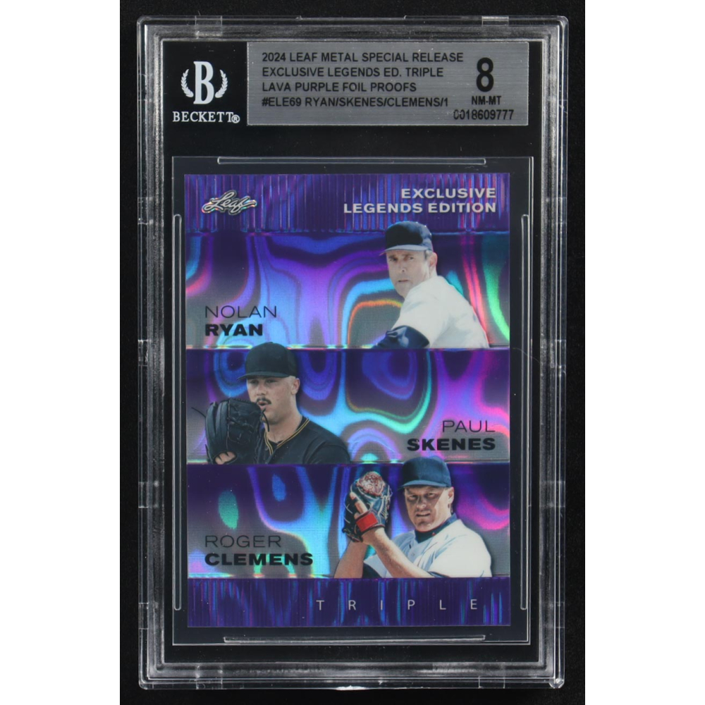 Paul Skenes / Nolan Ryan / Roger Clemens 2024 Leaf Metal Special Release Exclusive Legends Ed. Triple Lava Purple Foil Proofs #ELE69 RC (BGS 8) at PristineAuction.com