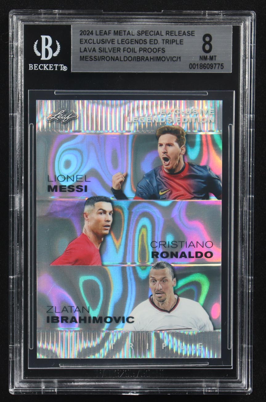 Lionel Messi / Cristiano Ronaldo / Zlatan Ibrahimovic 2024 Leaf Metal Special Release Exclusive Legends Ed. Triple Lava Silver Foil Proofs (BGS 8) at PristineAuction.com Lionel Messi / Cristiano Ronaldo / Zlatan Ibrahimovic 2024 Leaf Metal Special Release Exclusive Legends Ed. Triple Lava Silver Foil Proofs (BGS 8) at PristineAuction.com
