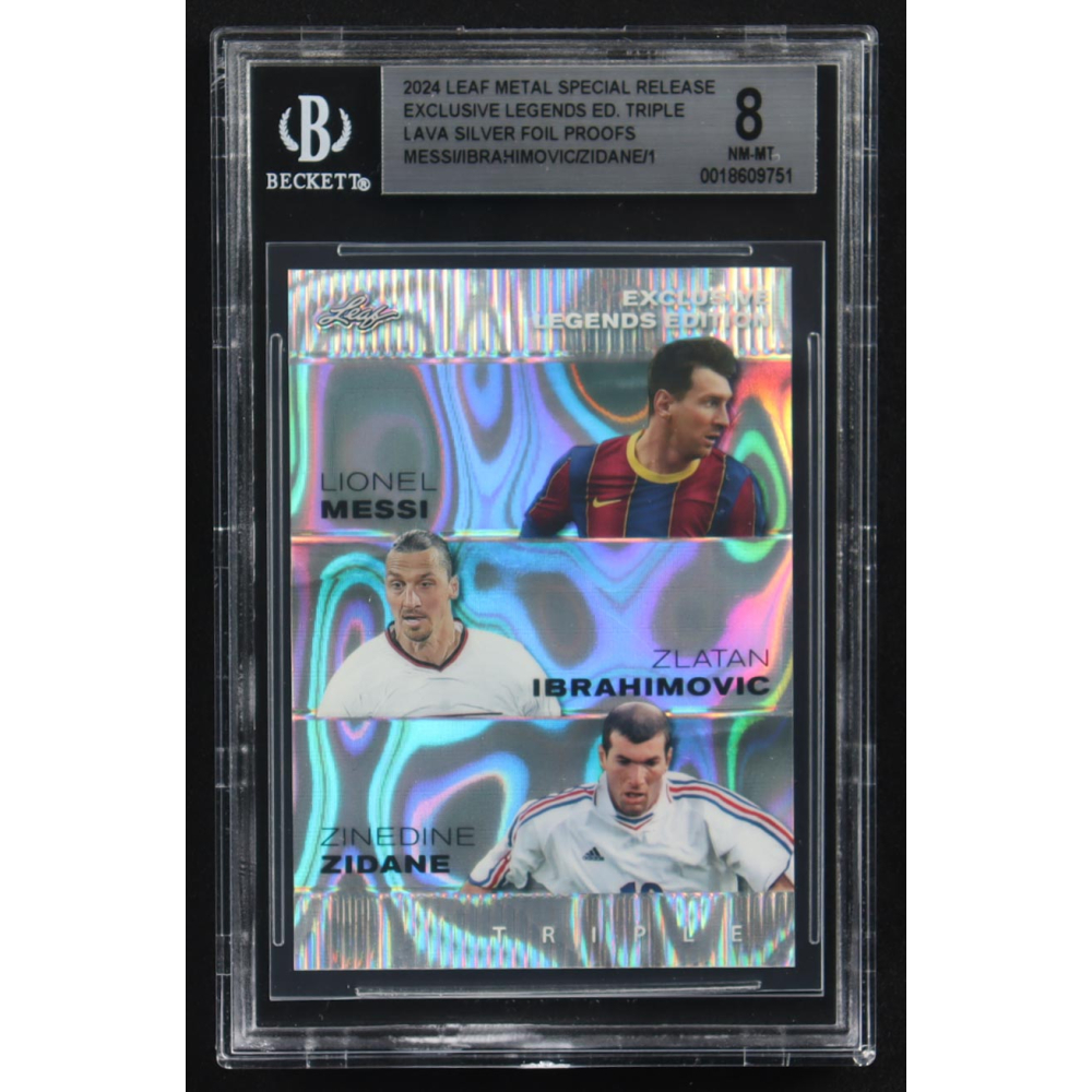 Lionel Messi / Zinedine Zidane / Zlatan Ibrahimovic 2024 Leaf Metal Special Release Exclusive Legends Ed. Triple Lava Silver Foil Proofs (BGS 8) at PristineAuction.com