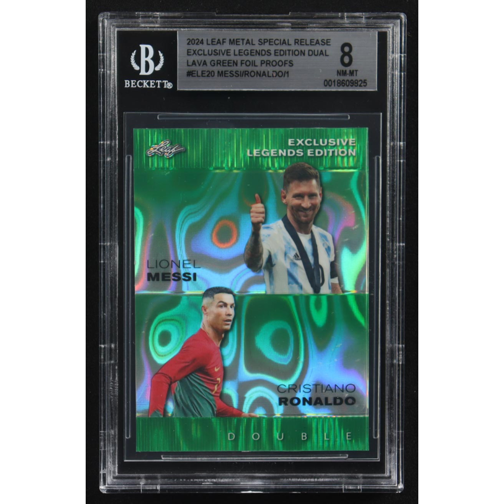 Lionel Messi / Cristiano Ronaldo 2024 Leaf Metal Special Release Exclusive Legends Ed. Dual Lava Green Foil Proofs #ELE22 (BGS 8) at PristineAuction.com