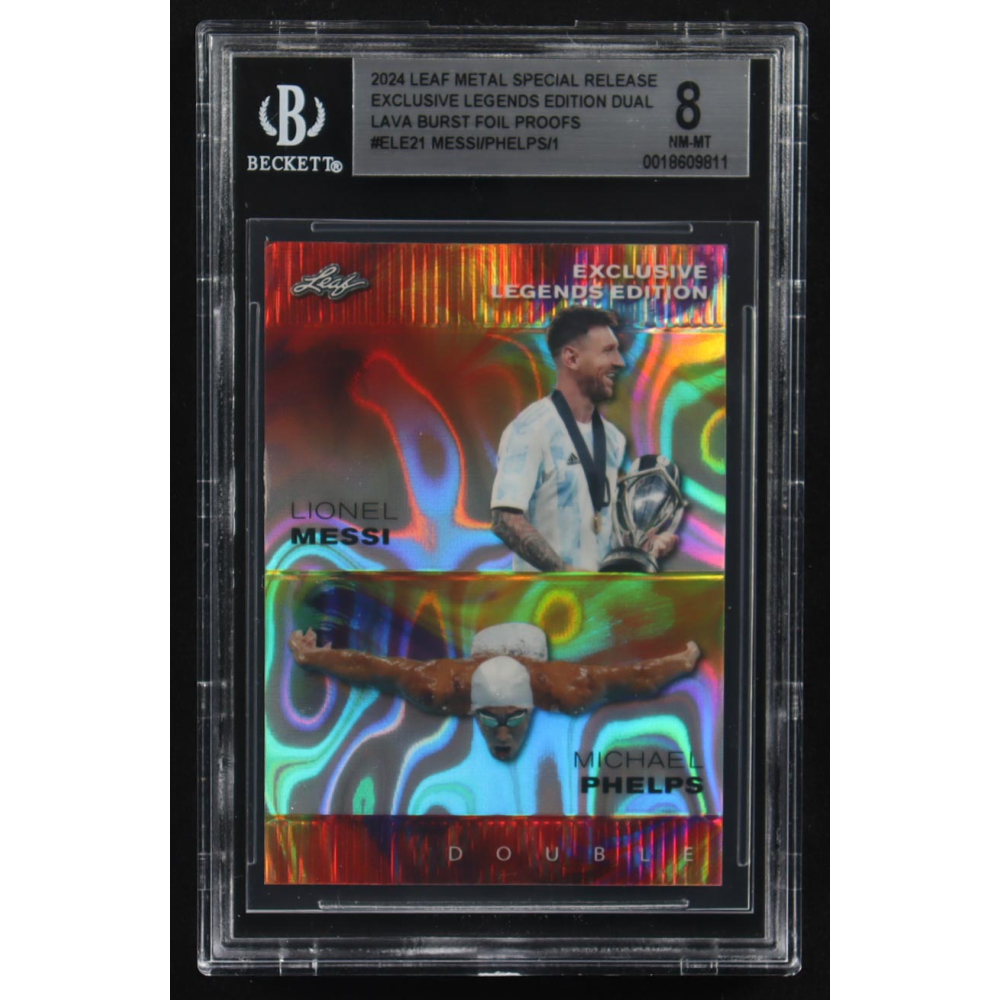 Lionel Messi / Michael Phelps 2024 Leaf Metal Special Release Exclusive Legends Ed. Dual Lava Burst Foil Proofs #ELE21 (BGS 8) at PristineAuction.com
