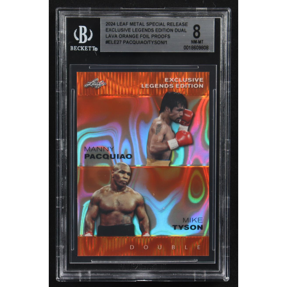 Mike Tyson / Manny Pacquiao 2024 Leaf Metal Special Release Exclusive Legends Ed. Dual Lava Orange Foil Proofs #ELE27 (BGS 8) at PristineAuction.com