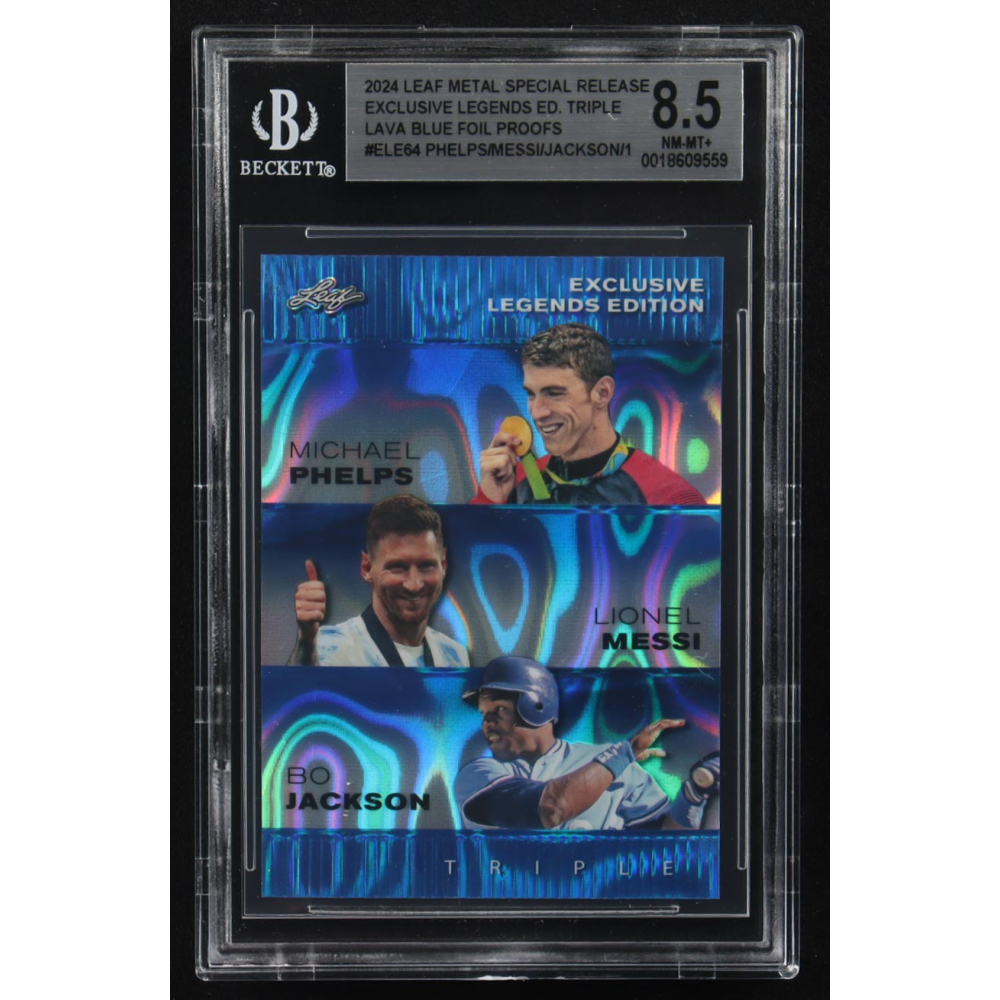 Lionel Messi / Michael Phelps / Bo Jackson 2024 Leaf Metal Special Release Exclusive Legends Ed. Triple Lava Blue Foil Proofs #ELE64 (BGS 8.5) at PristineAuction.com
