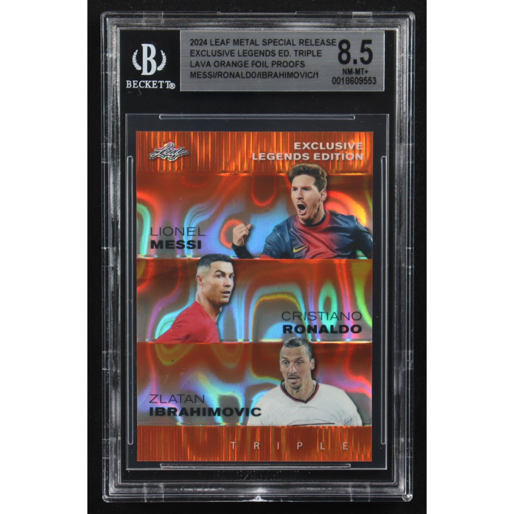 Lionel Messi / Cristiano Ronaldo / Zlatan Ibrahimovic 2024 Leaf Metal Special Release Exclusive Legends Ed. Triple Lava Orange Foil Proofs (BGS 8.5) at PristineAuction.com
