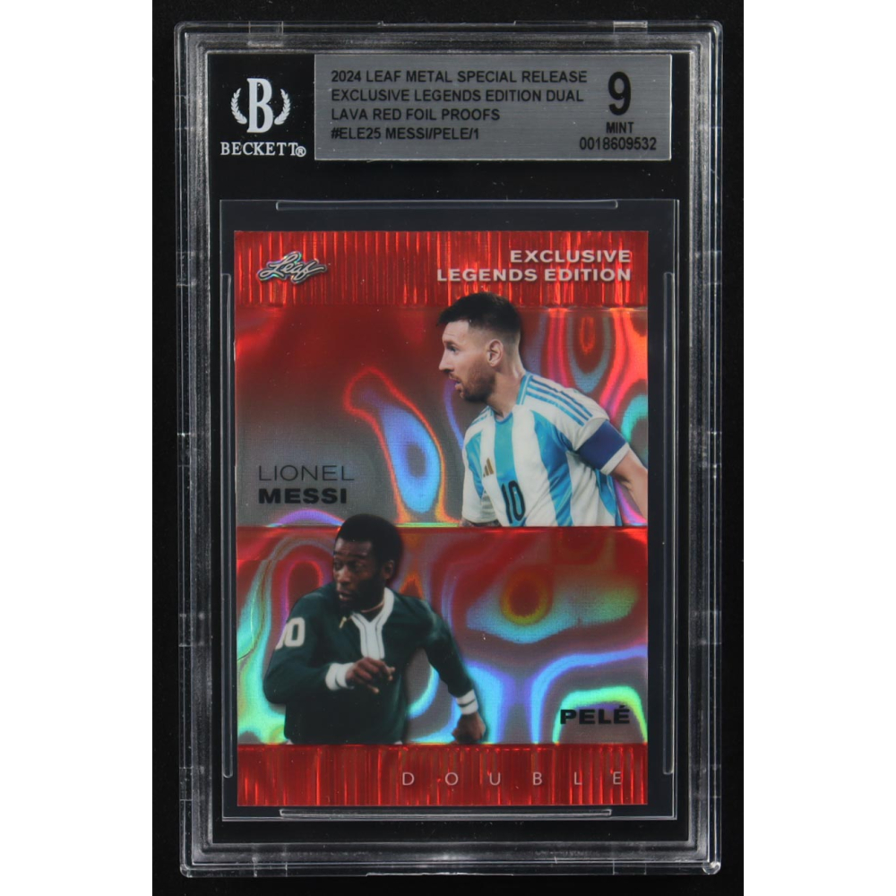 Lionel Messi / Pele 2024 Leaf Metal Special Release Exclusive Legends Ed. Dual Lava Red Foil Proofs #ELE25 (BGS 9) at PristineAuction.com