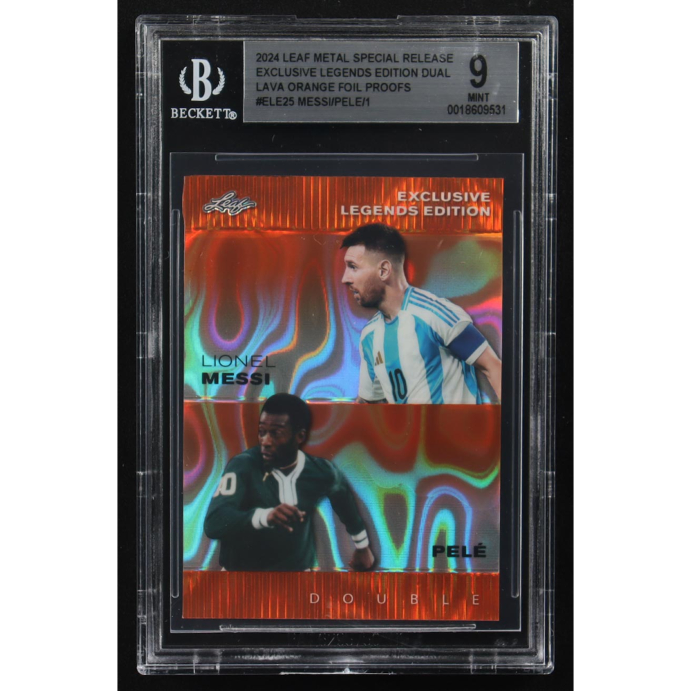 Lionel Messi / Pele 2024 Leaf Metal Special Release Exclusive Legends Ed. Dual Lava Orange Foil Proofs #ELE25 (BGS 9) at PristineAuction.com