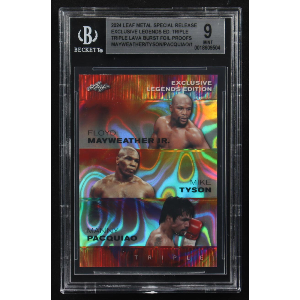 Mike Tyson / Floyd Mayweather Jr. / Manny Pacquiao 2024 Leaf Metal Special Release Exclusive Legends Ed. Triple Lava Burst Foil Proofs (BGS 9) at PristineAuction.com