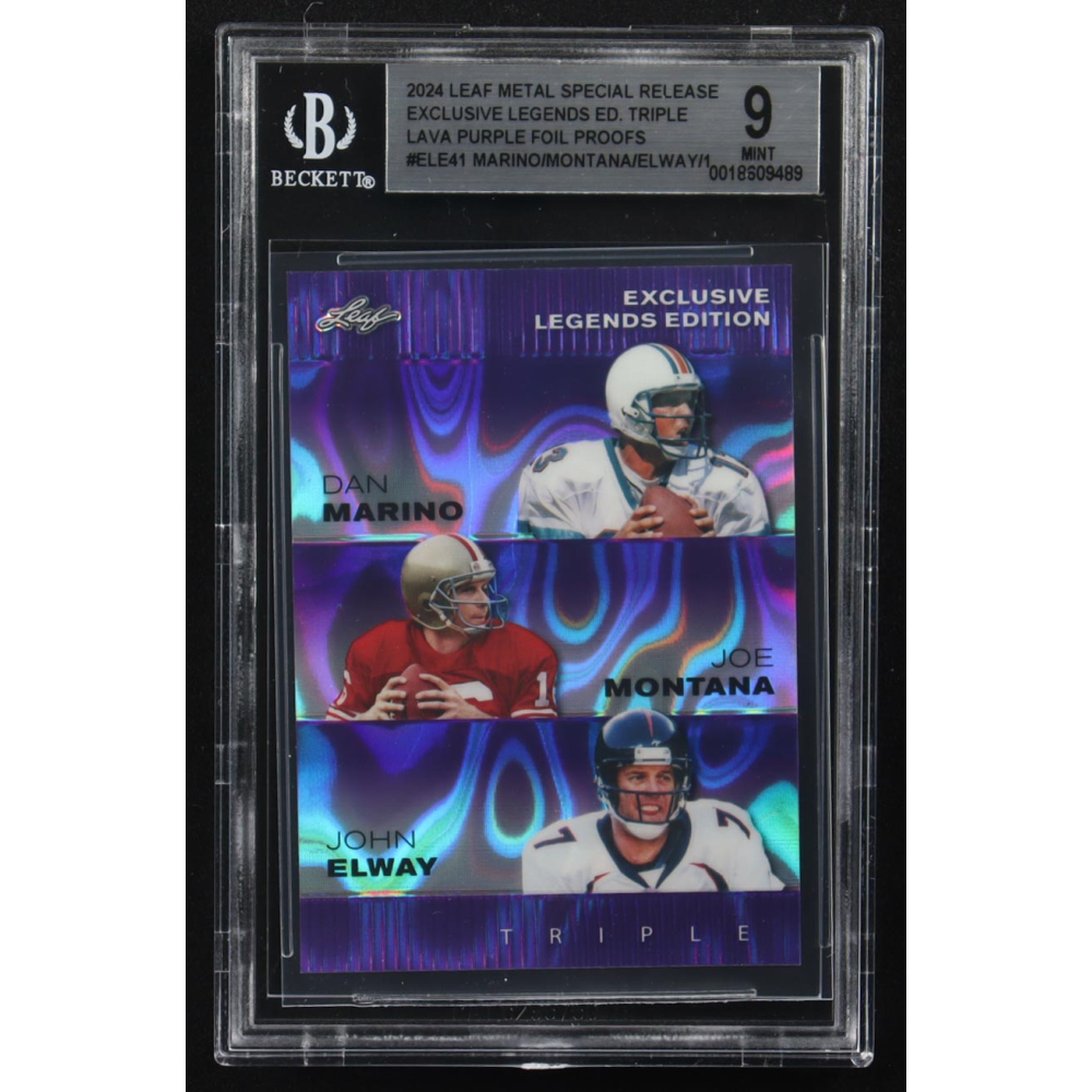 Dan Marino / Joe Montana / John Elway 2024 Leaf Metal Special Release Exclusive Legends Ed. Triple Lava Purple Foil Proofs #ELE41 (BGS 9) at PristineAuction.com