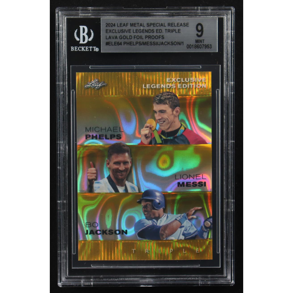 Lionel Messi / Michael Phelps / Bo Jackson 2024 Leaf Metal Special Release Exclusive Legends Ed. Triple Lava Gold Foil Proofs #ELE64 (BGS 9) at PristineAuction.com