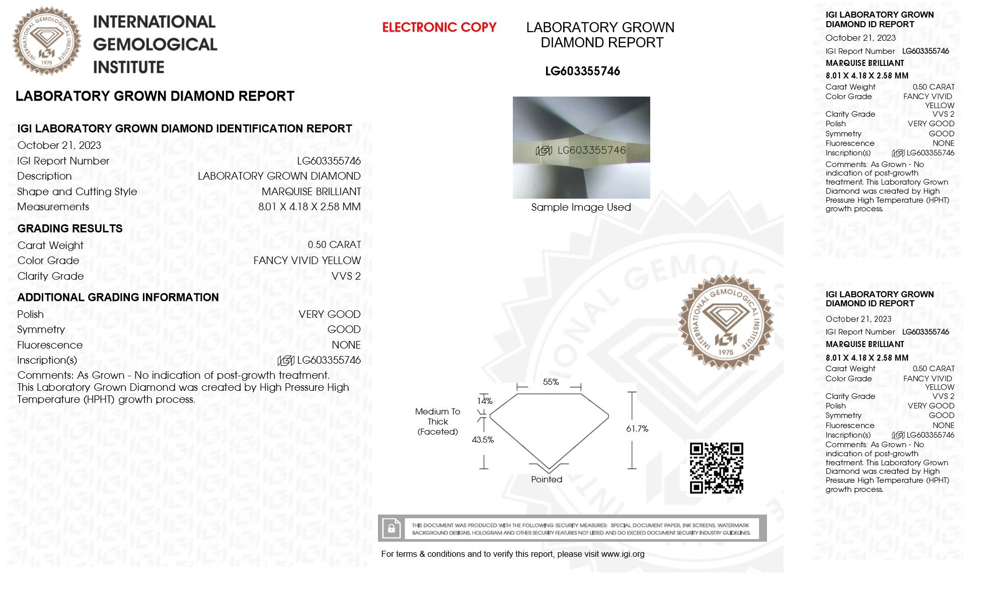 .50 Carats Lab Grown YELLOW Diamond Loose VVS2 | (IGI Cert) at PristineAuction.com .50 Carats Lab Grown YELLOW Diamond Loose VVS2 | (IGI Cert) at PristineAuction.com