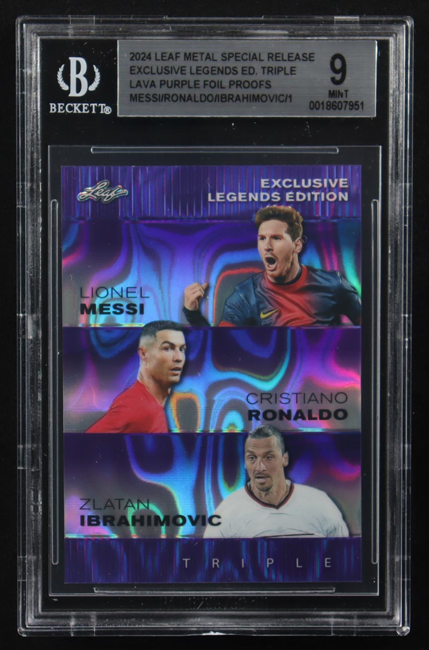Lionel Messi / Cristiano Ronaldo / Zlatan Ibrahimovic 2024 Leaf Metal Special Release Exclusive Legends Ed. Triple Lava Purple Foil Proofs (BGS 9) at PristineAuction.com Lionel Messi / Cristiano Ronaldo / Zlatan Ibrahimovic 2024 Leaf Metal Special Release Exclusive Legends Ed. Triple Lava Purple Foil Proofs (BGS 9) at PristineAuction.com