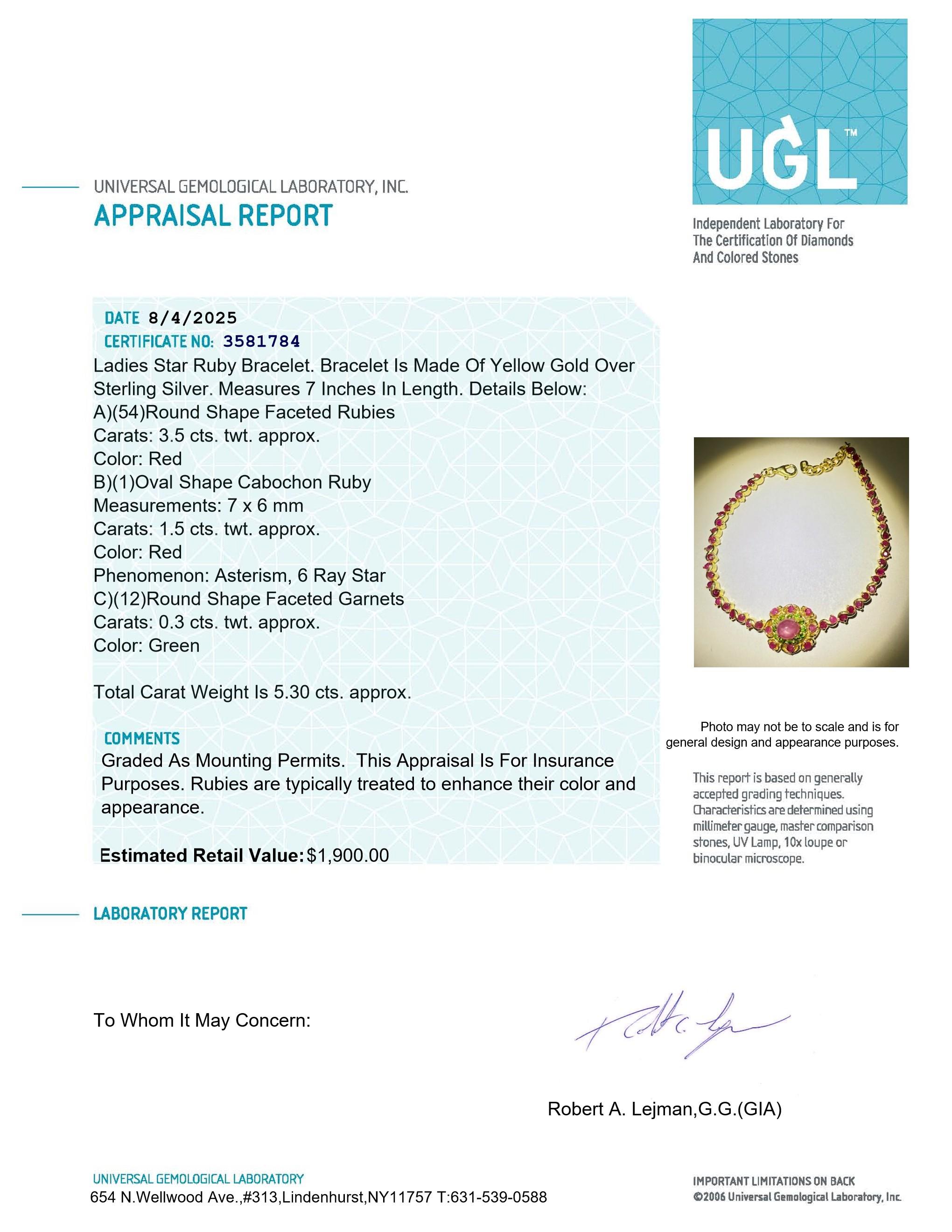 5.30 Carats Star Ruby, Ruby & Green Garnet Bracelet | $1,900 Estimated Retail Value (UGL Cert) | Brand New at PristineAuction.com 5.30 Carats Star Ruby, Ruby & Green Garnet Bracelet | $1,900 Estimated Retail Value (UGL Cert) | Brand New at PristineAuction.com