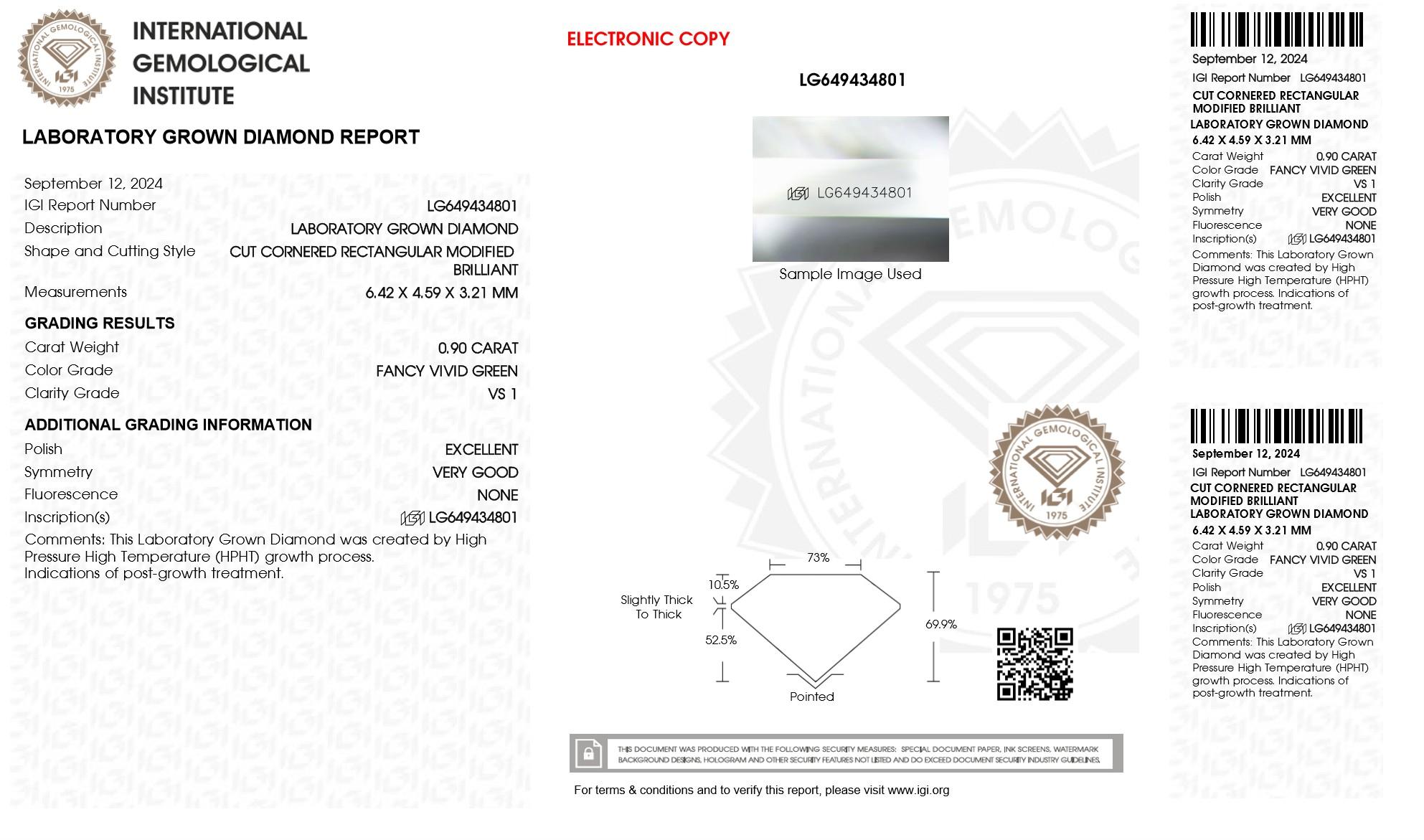 .90 Carats Lab Grown GREEN Diamond Loose VS1 | (IGI Cert) at PristineAuction.com .90 Carats Lab Grown GREEN Diamond Loose VS1 | (IGI Cert) at PristineAuction.com