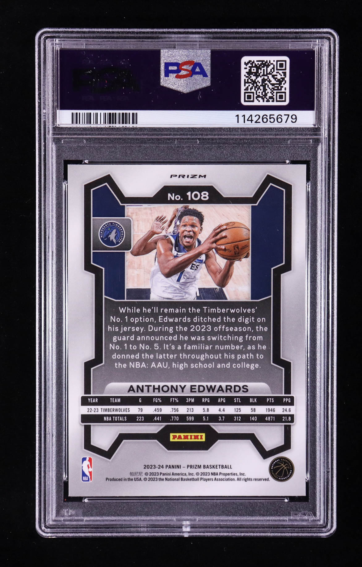 Anthony Edwards 2023-24 Panini Prizm Prizms Pink Ice #108 (PSA 10) at PristineAuction.com Anthony Edwards 2023-24 Panini Prizm Prizms Pink Ice #108 (PSA 10) at PristineAuction.com