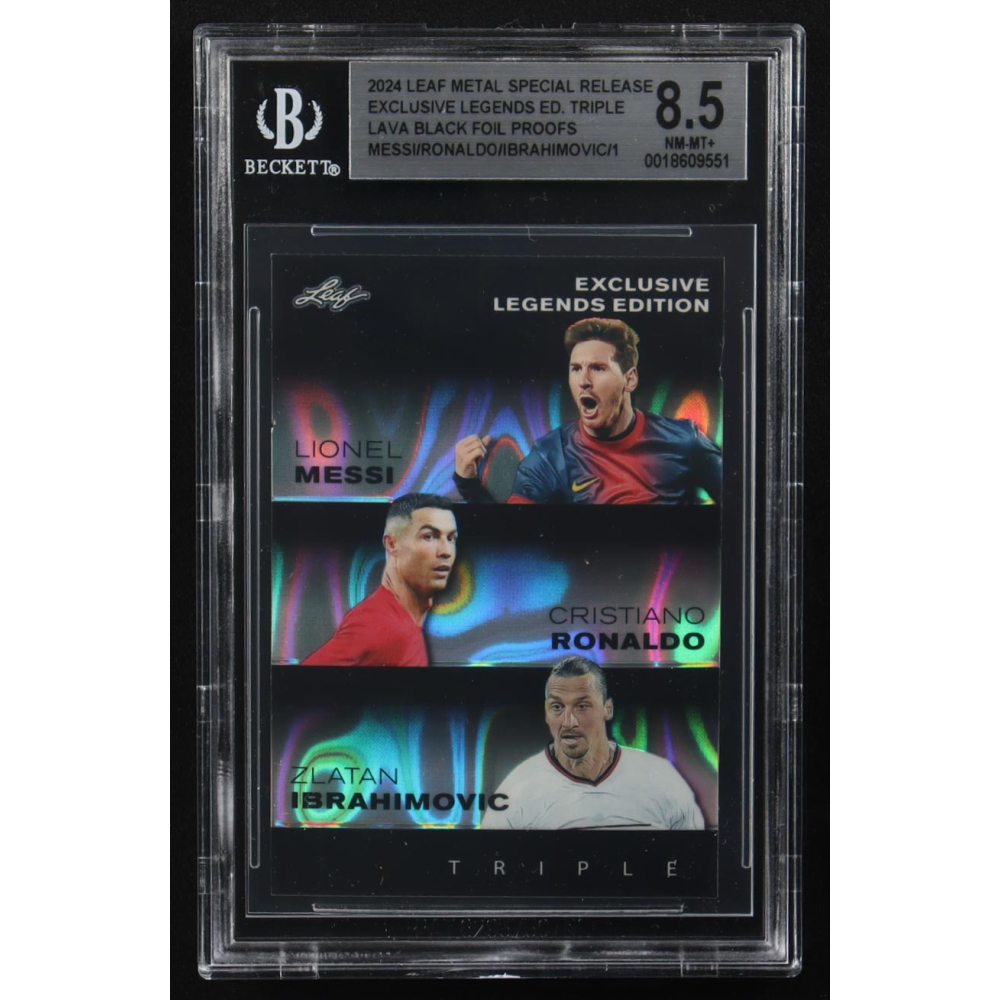 Lionel Messi / Cristiano Ronaldo / Zlatan Ibrahimovic 2024 Leaf Metal Special Release Exclusive Legends Ed. Triple Lava Black Foil Proofs (BGS 8.5) at PristineAuction.com