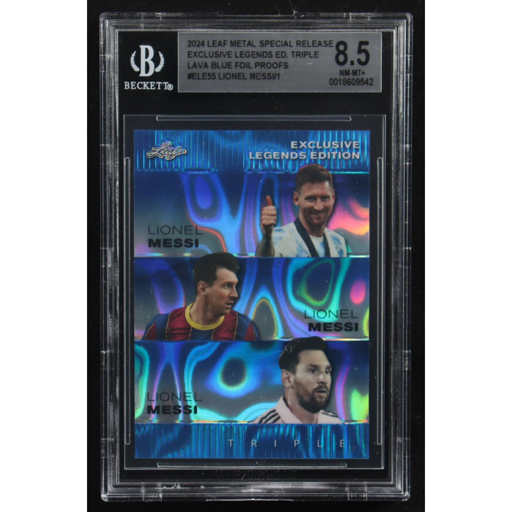 Lionel Messi / Lionel Messi  / Lionel Messi  2024 Leaf Metal Special Release Exclusive Legends Ed. Triple Lava Blue Foil Proofs #ELE55 (BGS 8.5) at PristineAuction.com