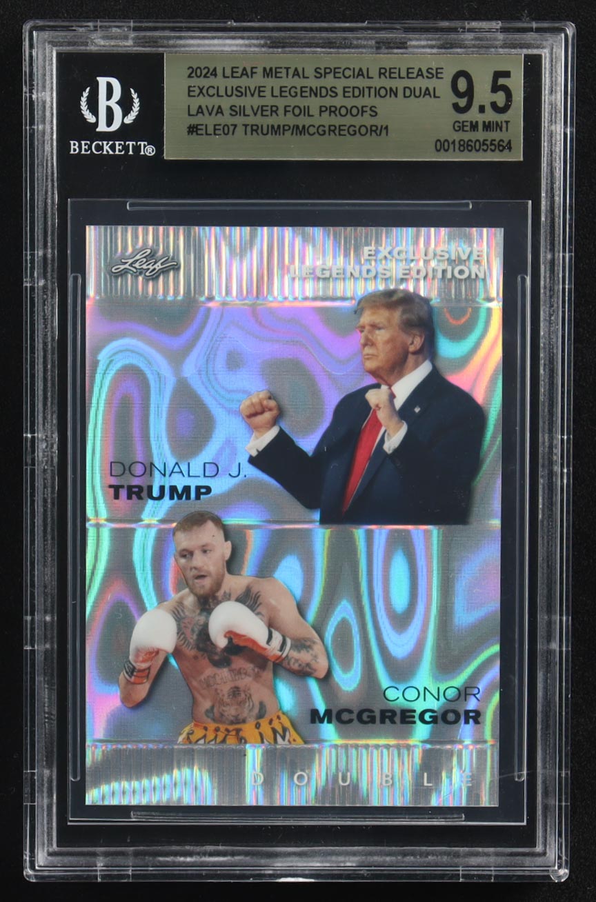 Conor Mcgregor / Donald J. Trump 2024 Leaf Metal Special Release Exclusive Legends Ed. Dual Lava Silver Foil Proofs #ELE07 (BGS 9.5) at PristineAuction.com Conor Mcgregor / Donald J. Trump 2024 Leaf Metal Special Release Exclusive Legends Ed. Dual Lava Silver Foil Proofs #ELE07 (BGS 9.5) at PristineAuction.com