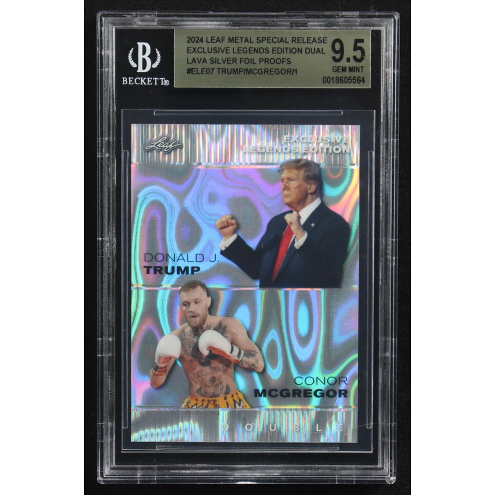 Conor Mcgregor / Donald J. Trump 2024 Leaf Metal Special Release Exclusive Legends Ed. Dual Lava Silver Foil Proofs #ELE07 (BGS 9.5) at PristineAuction.com