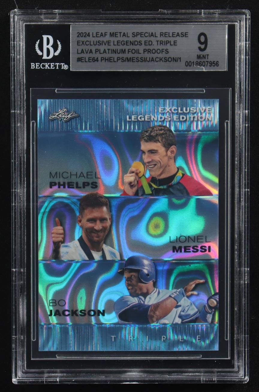 Lionel Messi / Michael Phelps / Bo Jackson 2024 Leaf Metal Special Release Exclusive Legends Ed. Triple Lava Platinum Foil Proofs #ELE64 (BGS 9) at PristineAuction.com Lionel Messi / Michael Phelps / Bo Jackson 2024 Leaf Metal Special Release Exclusive Legends Ed. Triple Lava Platinum Foil Proofs #ELE64 (BGS 9) at PristineAuction.com