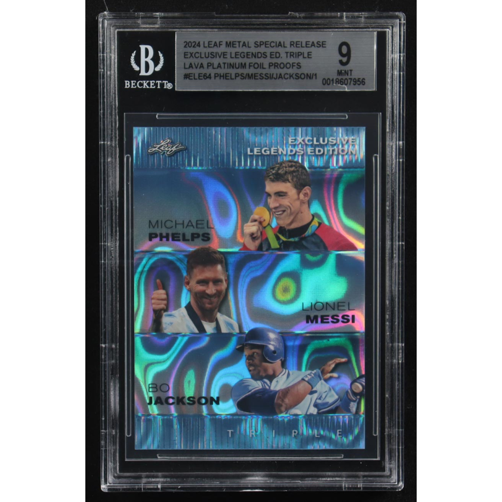 Lionel Messi / Michael Phelps / Bo Jackson 2024 Leaf Metal Special Release Exclusive Legends Ed. Triple Lava Platinum Foil Proofs #ELE64 (BGS 9) at PristineAuction.com