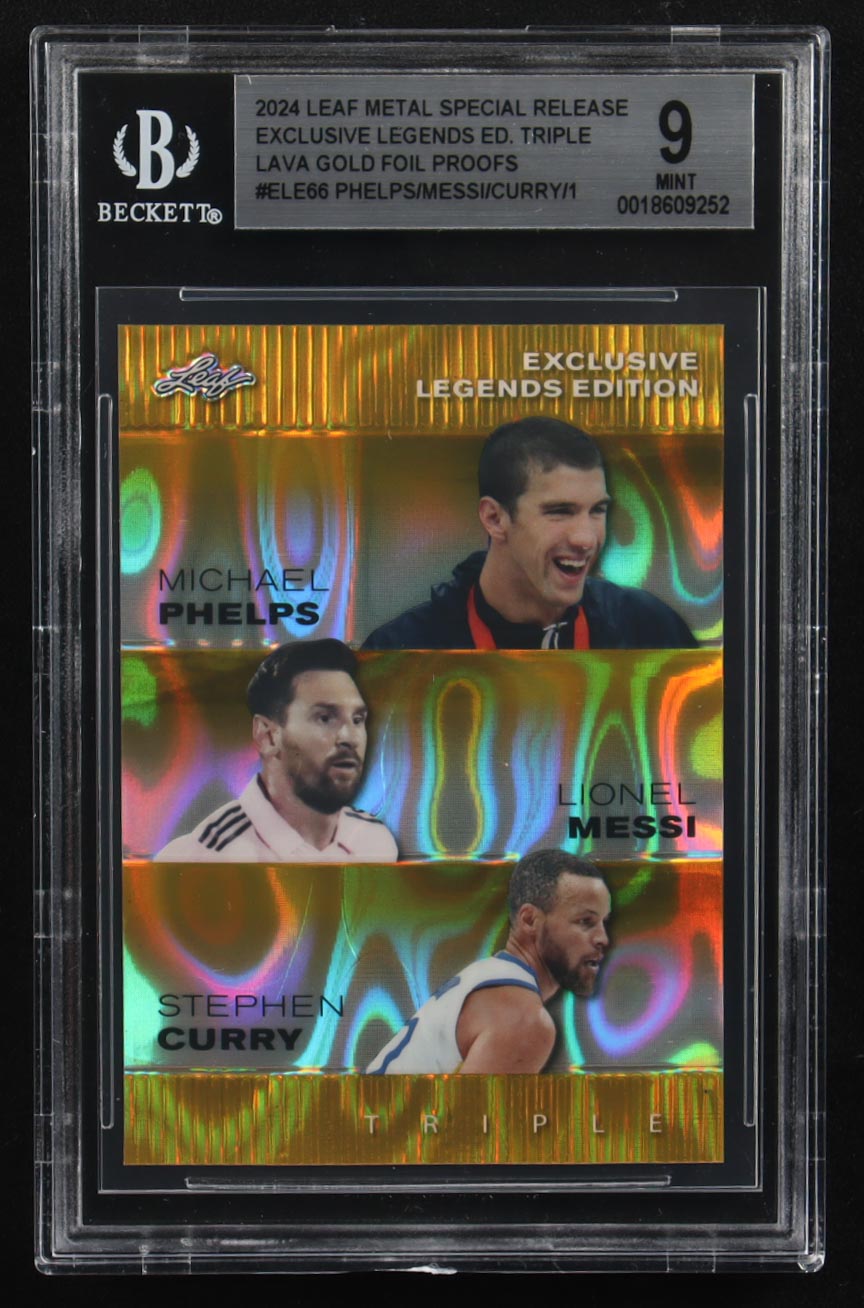 Lionel Messi / Michael Phelps / Stephen Curry 2024 Leaf Metal Special Release Exclusive Legends Ed. Triple Lava Gold Foil Proofs #ELE66 (BGS 9) at PristineAuction.com Lionel Messi / Michael Phelps / Stephen Curry 2024 Leaf Metal Special Release Exclusive Legends Ed. Triple Lava Gold Foil Proofs #ELE66 (BGS 9) at PristineAuction.com