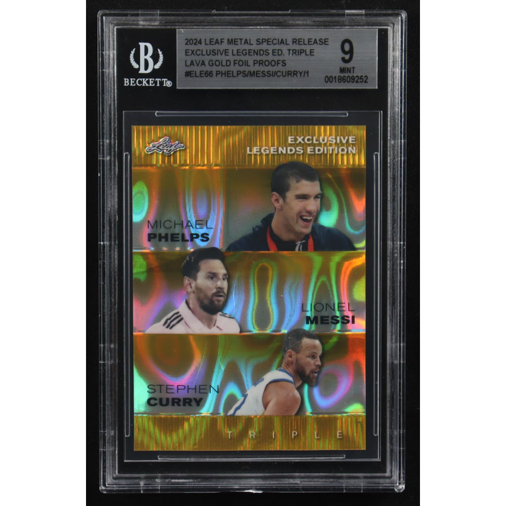Lionel Messi / Michael Phelps / Stephen Curry 2024 Leaf Metal Special Release Exclusive Legends Ed. Triple Lava Gold Foil Proofs #ELE66 (BGS 9) at PristineAuction.com