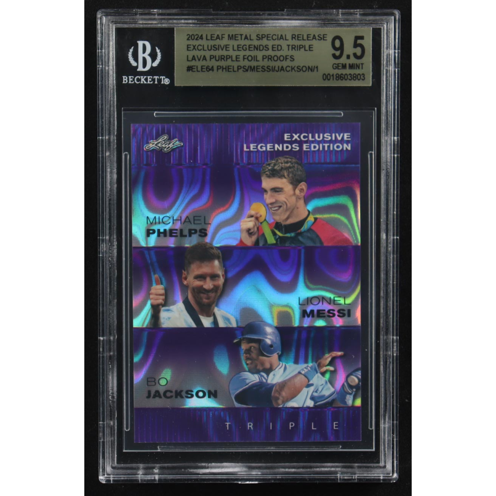 Lionel Messi / Michael Phelps / Bo Jackson 2024 Leaf Metal Special Release Exclusive Legends Ed. Triple Lava Purple Foil Proofs #ELE64 (BGS 9.5) at PristineAuction.com