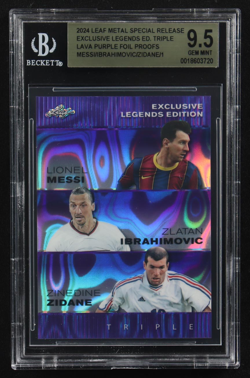 Lionel Messi / Zinedine Zidane / Zlatan Ibrahimovic 2024 Leaf Metal Special Release Exclusive Legends Ed. Triple Lava Purple Foil Proofs (BGS 9.5) at PristineAuction.com Lionel Messi / Zinedine Zidane / Zlatan Ibrahimovic 2024 Leaf Metal Special Release Exclusive Legends Ed. Triple Lava Purple Foil Proofs (BGS 9.5) at PristineAuction.com