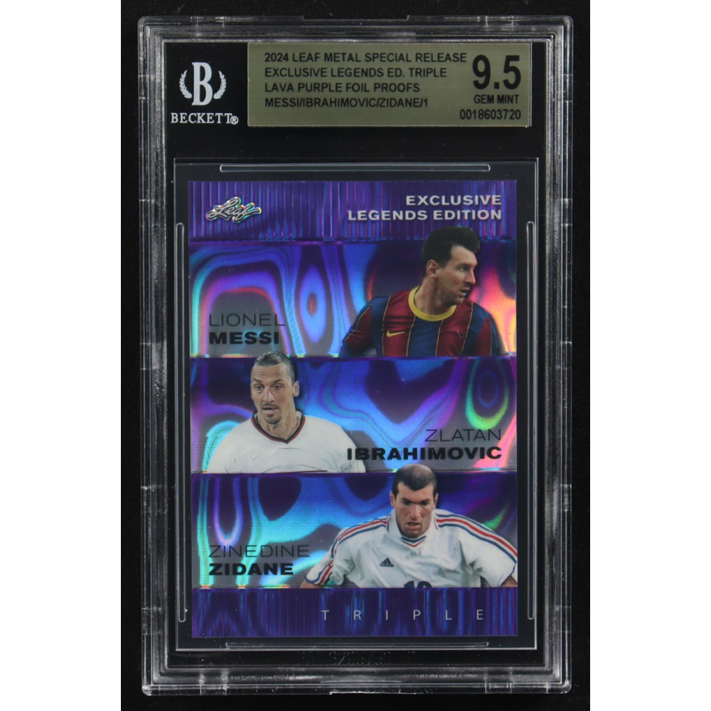 Lionel Messi / Zinedine Zidane / Zlatan Ibrahimovic 2024 Leaf Metal Special Release Exclusive Legends Ed. Triple Lava Purple Foil Proofs (BGS 9.5) at PristineAuction.com
