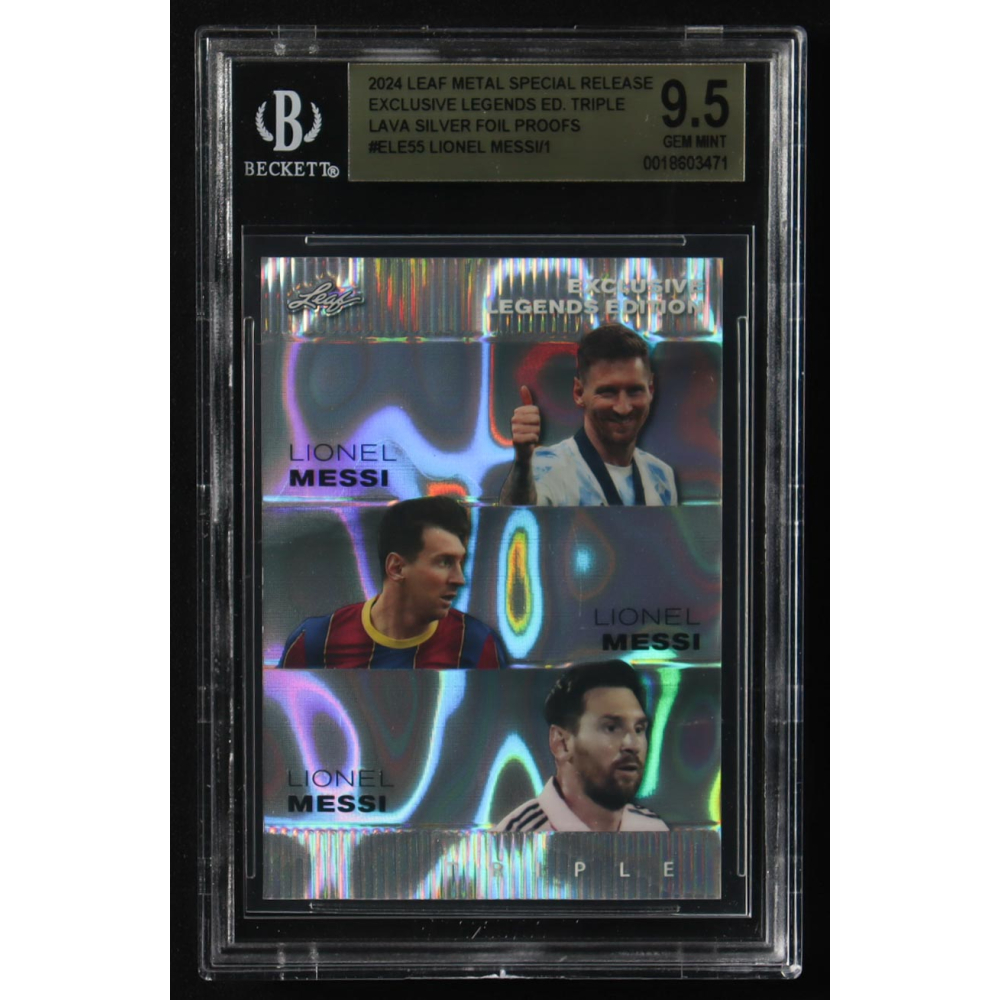 Lionel Messi / Lionel Messi  / Lionel Messi  2024 Leaf Metal Special Release Exclusive Legends Ed. Triple Lava Silver Foil Proofs #ELE55 (BGS 9.5) at PristineAuction.com