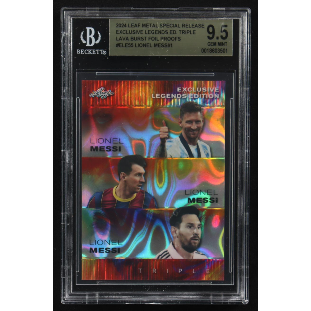 Lionel Messi / Lionel Messi  / Lionel Messi  2024 Leaf Metal Special Release Exclusive Legends Ed. Triple Lava Burst Foil Proofs #ELE55 (BGS 9.5) at PristineAuction.com