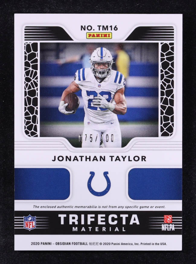 Jonathan Taylor 2020 Panini Obsidian Trifecta Materials #16 #075/100 RC at PristineAuction.com Jonathan Taylor 2020 Panini Obsidian Trifecta Materials #16 #075/100 RC at PristineAuction.com