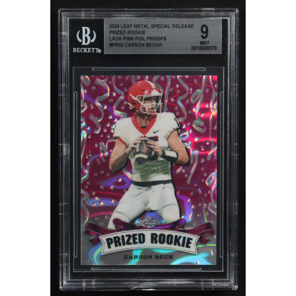 Carson Beck 2024 Leaf Metal Special Release Prized Rookie Silver Lava Pink Foil Proofs #PR02 RC (BGS 9) at PristineAuction.com