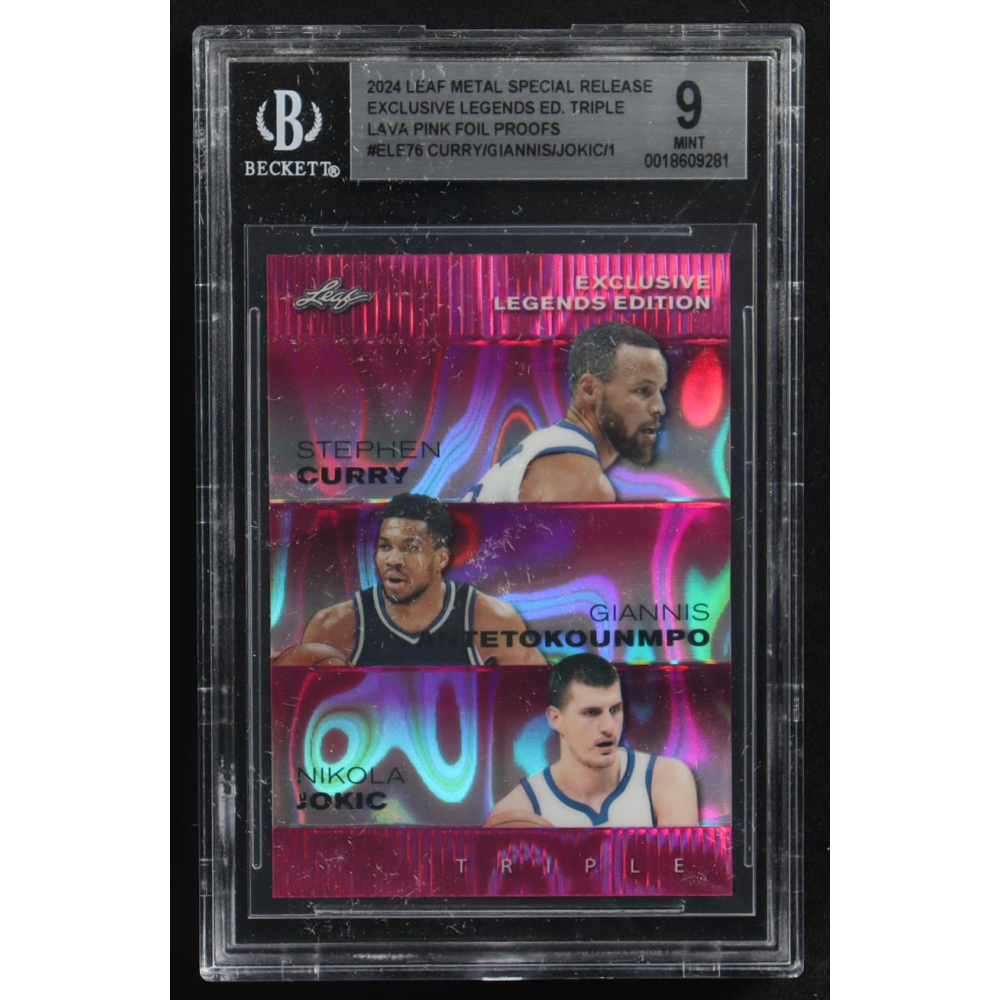 Nikola Jokic / Giannis Antetokounmpo / Stephen Curry 2024 Leaf Metal Special Release Exclusive Legends Ed. Triple Lava Pink Foil Proofs #ELE76 (BGS 9) at PristineAuction.com