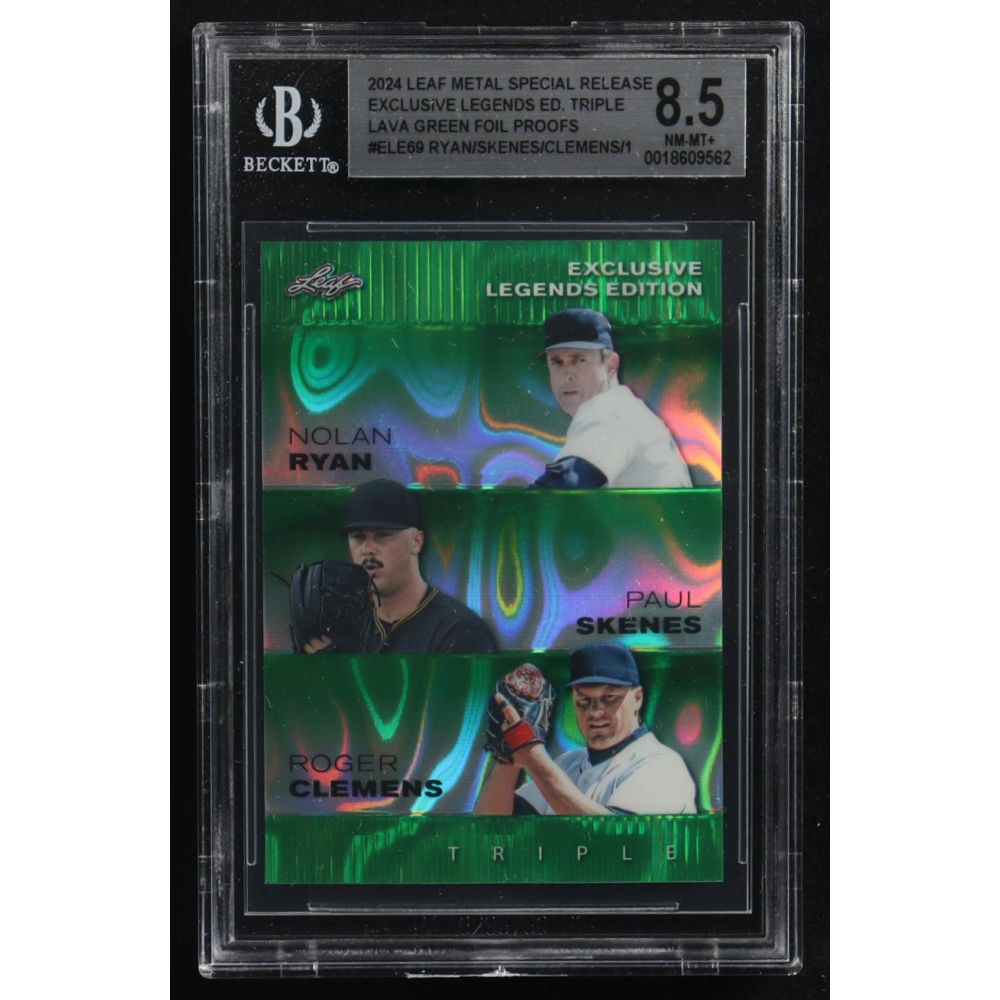 Paul Skenes / Nolan Ryan / Roger Clemens 2024 Leaf Metal Special Release Exclusive Legends Ed. Triple Lava Green Foil Proofs #ELE69 (BGS 8.5) at PristineAuction.com